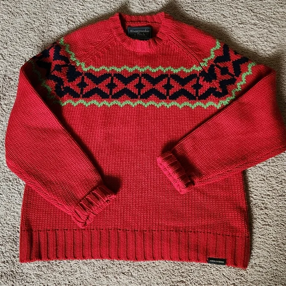 Vintage Abercrombie & Fitch Red Lambs Wool Sweater Y2K Winter Ski Fair Isle XL - Picture 5 of 6